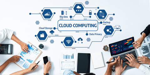 A dynamic team collaborates in a modern workspace focused on cloud computing, emphasizing data privacy, big data, and backup strategies using innovative technology tools. Amity