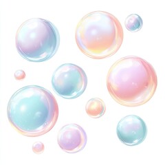 Pastel-hued soap bubbles, various sizes, iridescent reflections