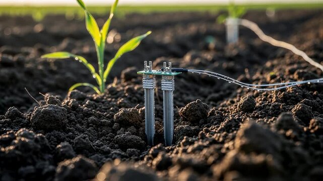 Medium shot capturing a resistancebased soil moisture sensor embedded in soil providing data for efficient irrigation management in crop fields.