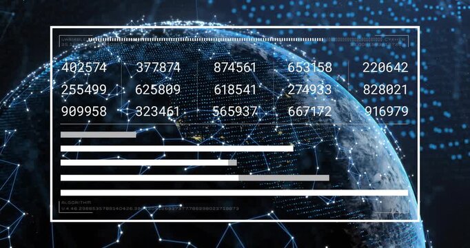 Overlay frame appearing, globe rotating and panel updating grid and bars visualizing data trends