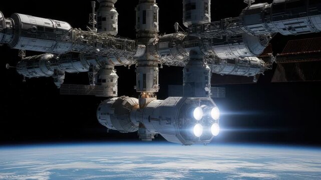 complex modular space station orbits Earth featuring multiple sections trusses and solar arrays Four bright thrusters emit light showcasing advanced engineering above the planets blue and white surfac