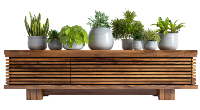 A modern, handcrafted wooden sideboard with various potted green plants, creating a natural and decorative arrangement, featuring contrasting textures and organic forms against a dark, neutral...