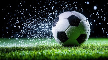 Fototapeta premium Soccer ball on a wet field with water droplets.