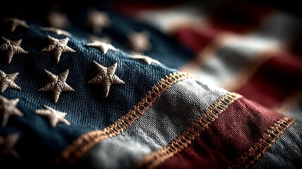 Close-up view of an aged American flag showcasing details of fabric and stitching