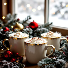 “Three white mugs with gold trim filled with whipped cream and cinnamon, surrounded by evergreen branches and ornaments on a wooden table with a snowy festive window backdrop”