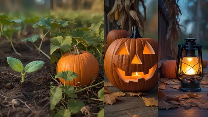 A four-panel composite image illustrating the journey of the pumpkin through the autumn season.
