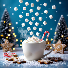 “White holiday mug of steaming hot chocolate with marshmallows and candy cane, surrounded by gingerbread cookies, snowy surface, and glowing Christmas trees with festive lights”