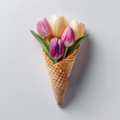 A vibrant bouquet of tulips in a waffle cone on a white backdrop