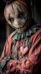 Obraz premium Scarecrow figure with a heart in a rustic setting