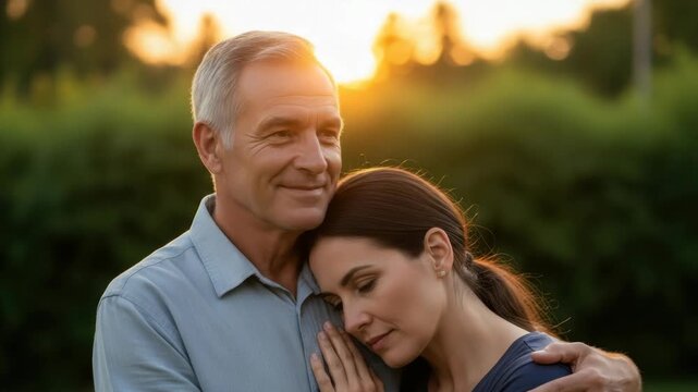 older man with grey hair tenderly embraces younger woman with dark hair who rests her head peacefully on his shoulder He smiles gently Warm golden light from sunset illuminates their affectionate pose