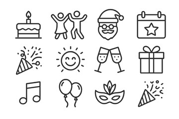 Celebration and party line icon set. Vector collection of thin line symbols for events and holidays. Birthday cake, dancing, christmas santa, new year, gift, carnival mask.