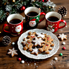 “Festive wooden table with lace plate of decorated Christmas cookies, candy balls, and holiday mugs featuring Santa Claus, Frosty the Snowman, and Christmas tree designs”
