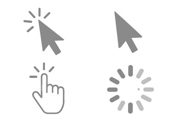 Computer mouse click cursor icon set. Gray arrow and hand pointer with click effect. Loading, wait, or buffer progress circle symbol. Vector for web design, UI, UX interface.