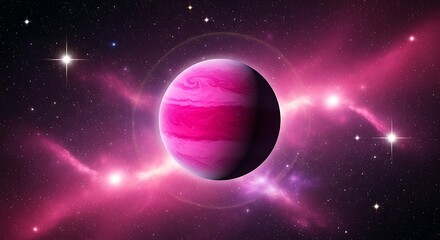 Cosmic symphony in rose hues: A vibrant pink planet amid stardust and nebulous light streams