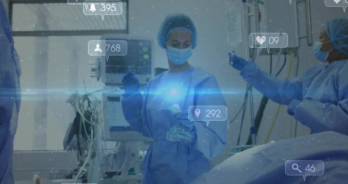 Surgeon monitoring vitals, social icons rising, nurse connecting vent tubing ensuring ventilation