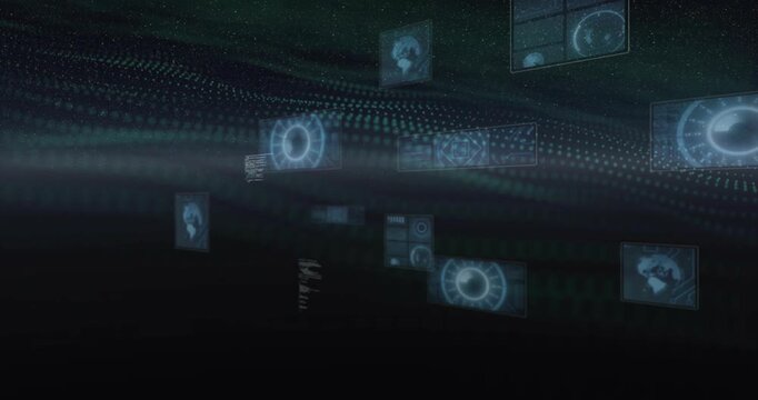 Glow initiating icons fading, ribbon weaving floating panels, code streams visualizing data