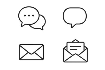 Communication icons in line style. Message, chat, mail, letter vector symbol set. Speech bubble, envelope for contact, email, sms, notification, website app ui.