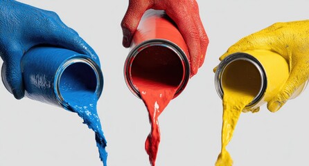 Three hands, each holding a paint can & pouring vibrant blue, red, and yellow paint