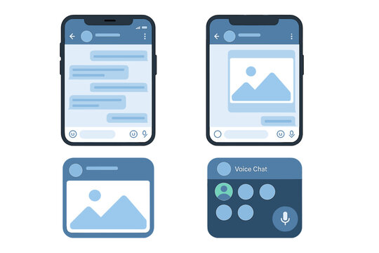Telegram app interface mockup set. Smartphone screen with UI/UX for social media and network. Chat messages, photo frame, and voice chat templates. Vector illustration concept.
