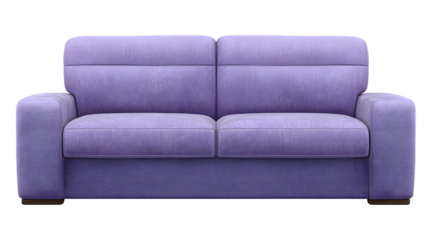 A contemporary lavender-colored two-seater sofa, positioned centrally against a stark black backdrop, presents a clean, minimalist design aesthetic; the plush seating offers a comfortable and...