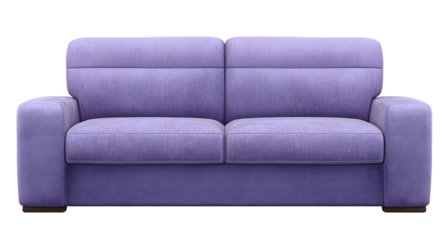 A contemporary lavender-colored two-seater sofa, positioned centrally against a stark black backdrop, presents a clean, minimalist design aesthetic; the plush seating offers a comfortable and...