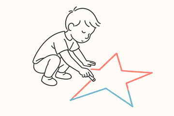 Minimalist Illustration of a Child Crouching to Draw a Large Red and Blue Star on the Ground	