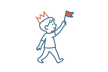Continuous Line Drawing of a Happy Kid Wearing an Orange Paper Crown and Marching with a Small Red Flag	