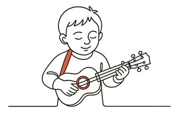 Minimalist Continuous Line Drawing of a Happy Child Playing the Ukulele with Eyes Closed	