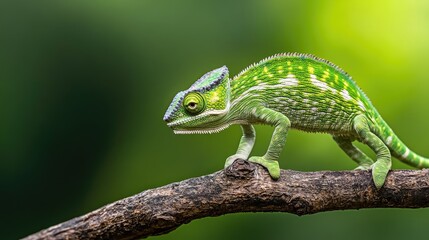 Vibrant green chameleon perched on a branch.
