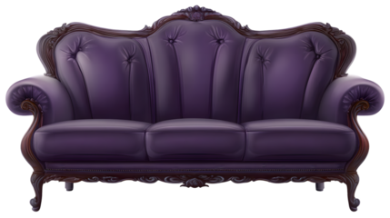 Ornate purple sofa isolated against a black backdrop showcases classic design elements. The luxurious seating arrangement has a rich, elegant appearance with detailed carved wooden accents.