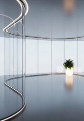 Futuristic architectural office with curved glass walls and luminous planter