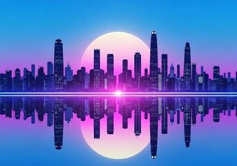Futuristic Cityscape Reflection at Sunset: A Vibrant Urban Dreamscape with a Retro-Futuristic Appeal