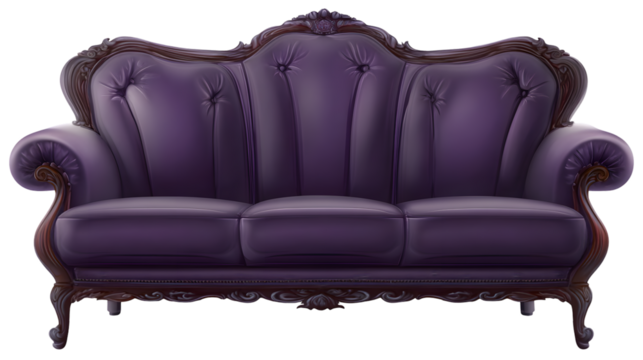 Ornate purple sofa isolated against a black backdrop showcases classic design elements. The luxurious seating arrangement has a rich, elegant appearance with detailed carved wooden accents.