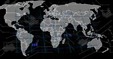 Starting with world map on grid tracing borders and flashing numbers over hex overlays showing data - Powered by Adobe