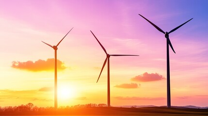 Obraz premium Silhouettes of wind turbines at sunset.