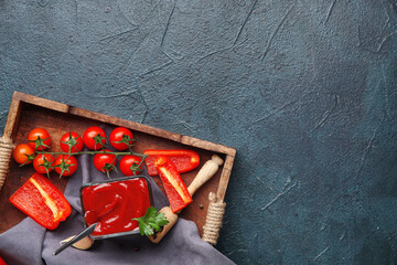 Wooden tray with bowl of tasty ketchup and ingredients on blue grunge background