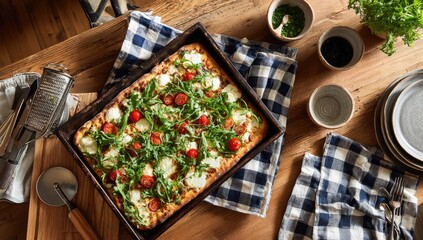 Overhead shot of rectangular pizza on a rustic wooden table, surrounded by accompaniments
