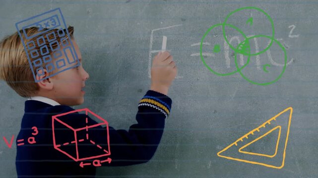 Student raising chalk and writing physics formula on chalkboard with animated icons around