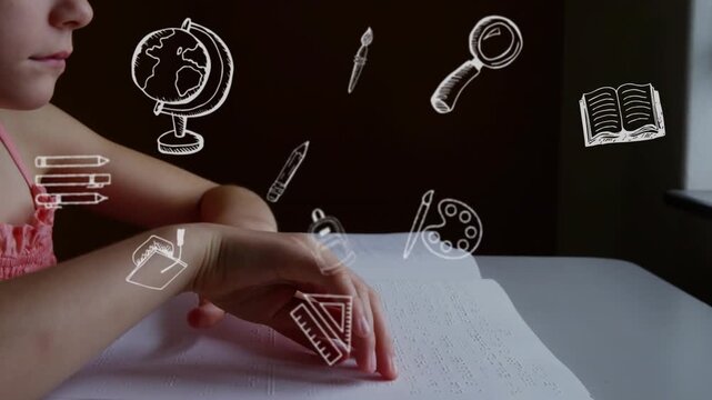 Girl tracing Braille on page causing floating educational icons and turning pages while reading