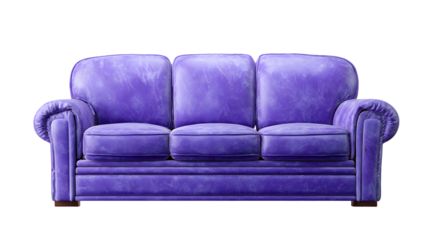 Elegant three-seater sofa features a vibrant purple hue, showcasing tufted cushions and a classic design set against a stark black background, creating a striking visual presentation.