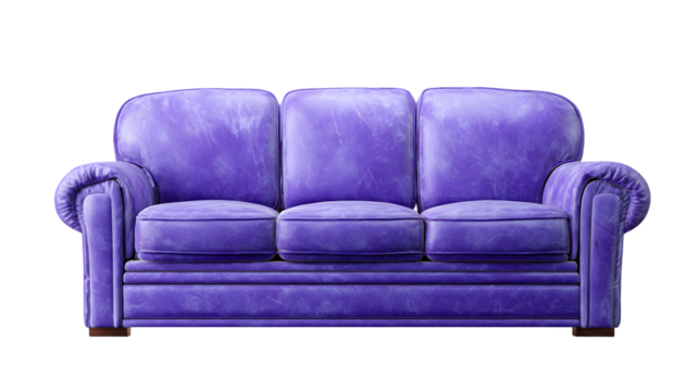 Elegant three-seater sofa features a vibrant purple hue, showcasing tufted cushions and a classic design set against a stark black background, creating a striking visual presentation.