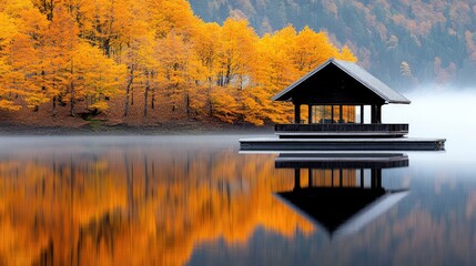 Fototapeta premium Calm autumnal lake with a wooden gazebo.