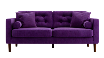 Luxurious upholstered loveseat presents a deep purple hue, featuring button tufting, bolster pillows, and soft rectangular cushions.