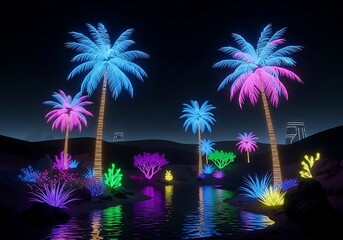 Neon Oasis: A Luminescent Tropical Paradise with Vibrant Palm Trees and Reflective Waters