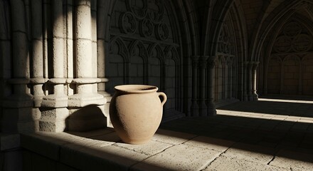Old ceramic pot in the gothic abbey corridor with arch window details