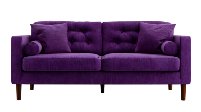 Luxurious upholstered loveseat presents a deep purple hue, featuring button tufting, bolster pillows, and soft rectangular cushions.