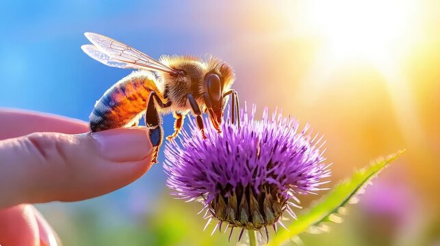 Honeybee close-up on a vibrant purple flower. - Powered by Adobe