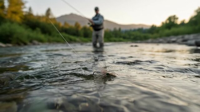 Fisherman skillfully drifting a lightweight lure downstream blending natural movement with water currents for enticing bites.