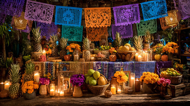 Vibrant Day of the Dead Altar Adorned with Candles and Marigold Flowers for the Celebration of Muertos - Powered by Adobe
