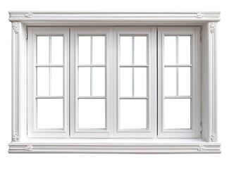 Obraz premium A white, ornate, four-pane window with decorative molding, isolated on a white background